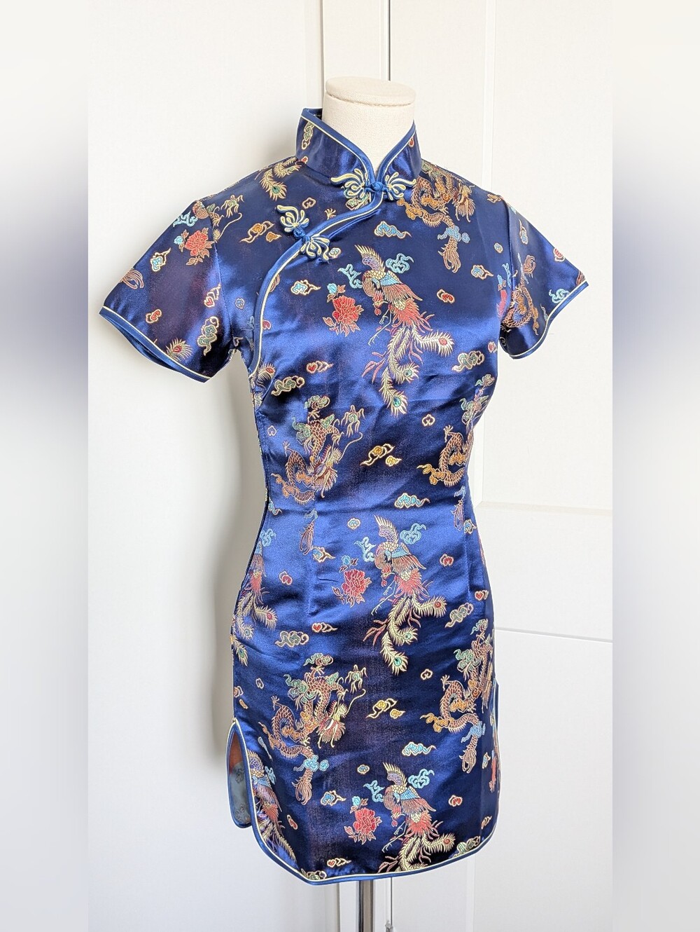 Top Shop Finds Silk Dragon & Phoenix Cheongsam Qipao Mini Dress Navy US 4-6